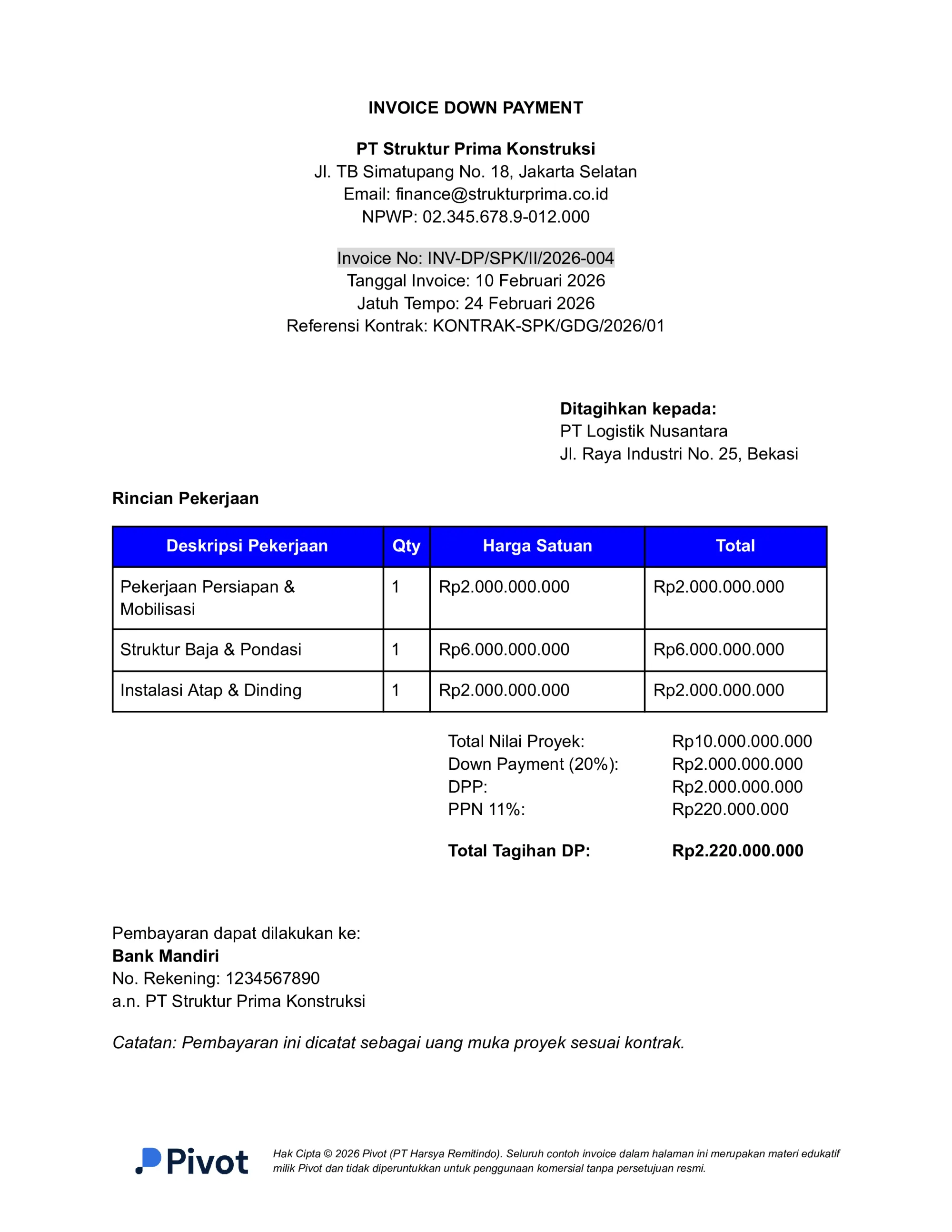 Contoh Invoice Down Payment Proyek Konstruksi Gudang