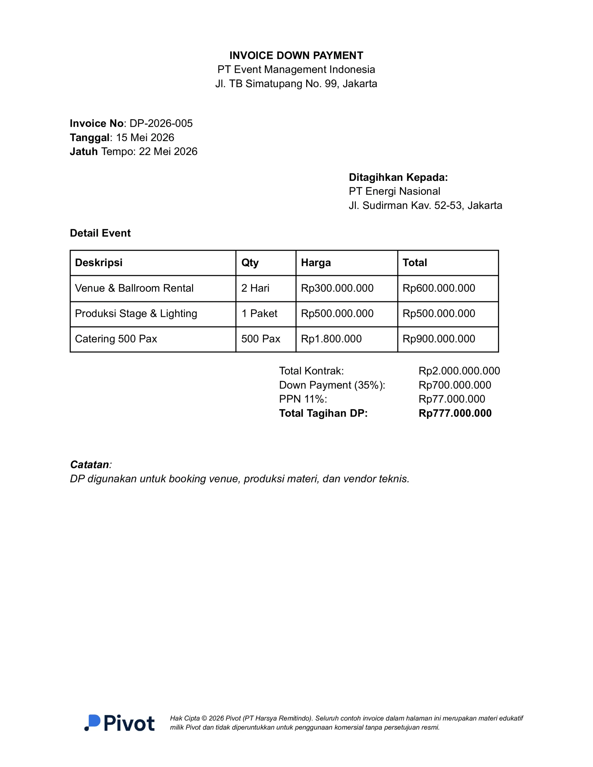 10 Contoh Invoice Down Payment Event Korporat atau Konferensi Bisnis