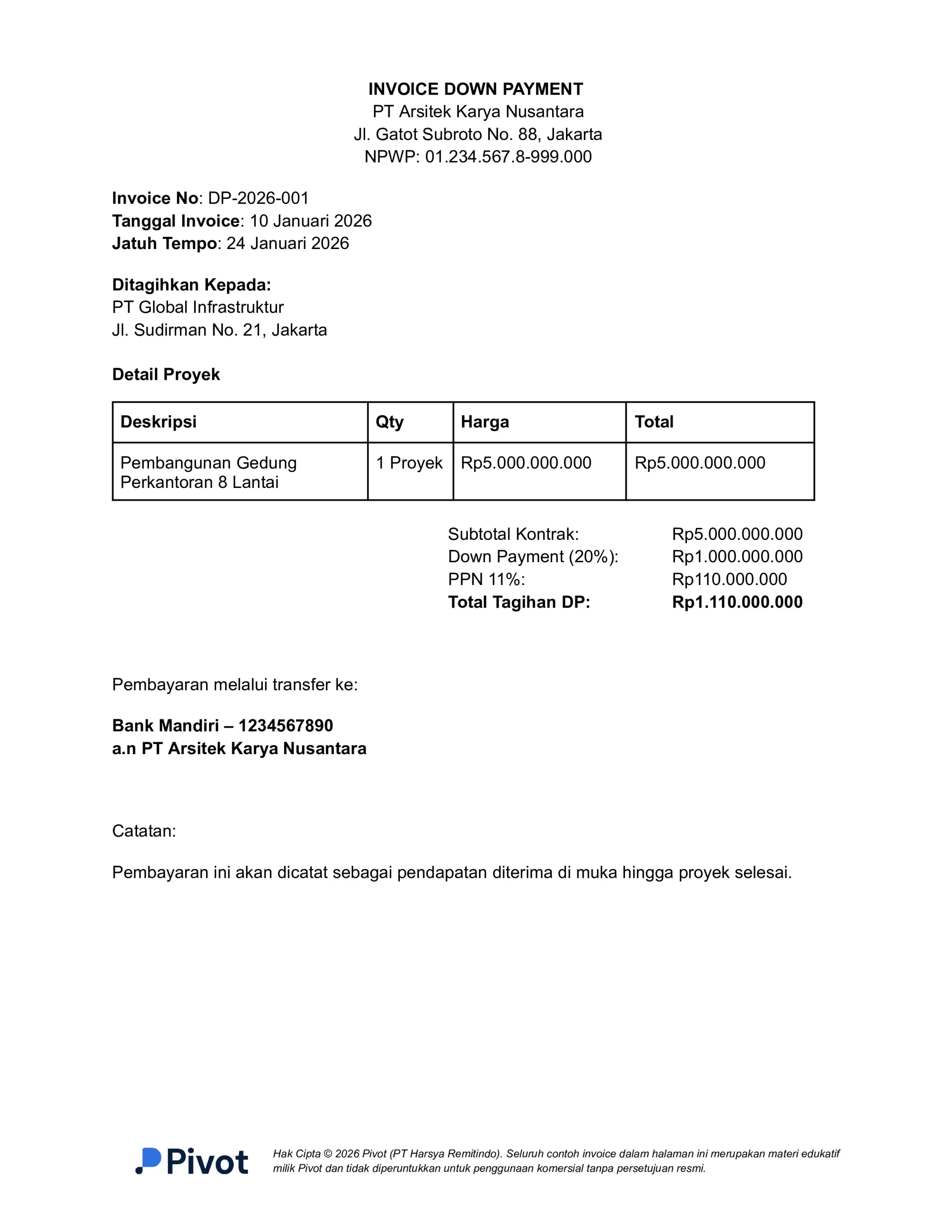 Contoh Invoice Down Payment Pembangunan Gedung Perkantoran