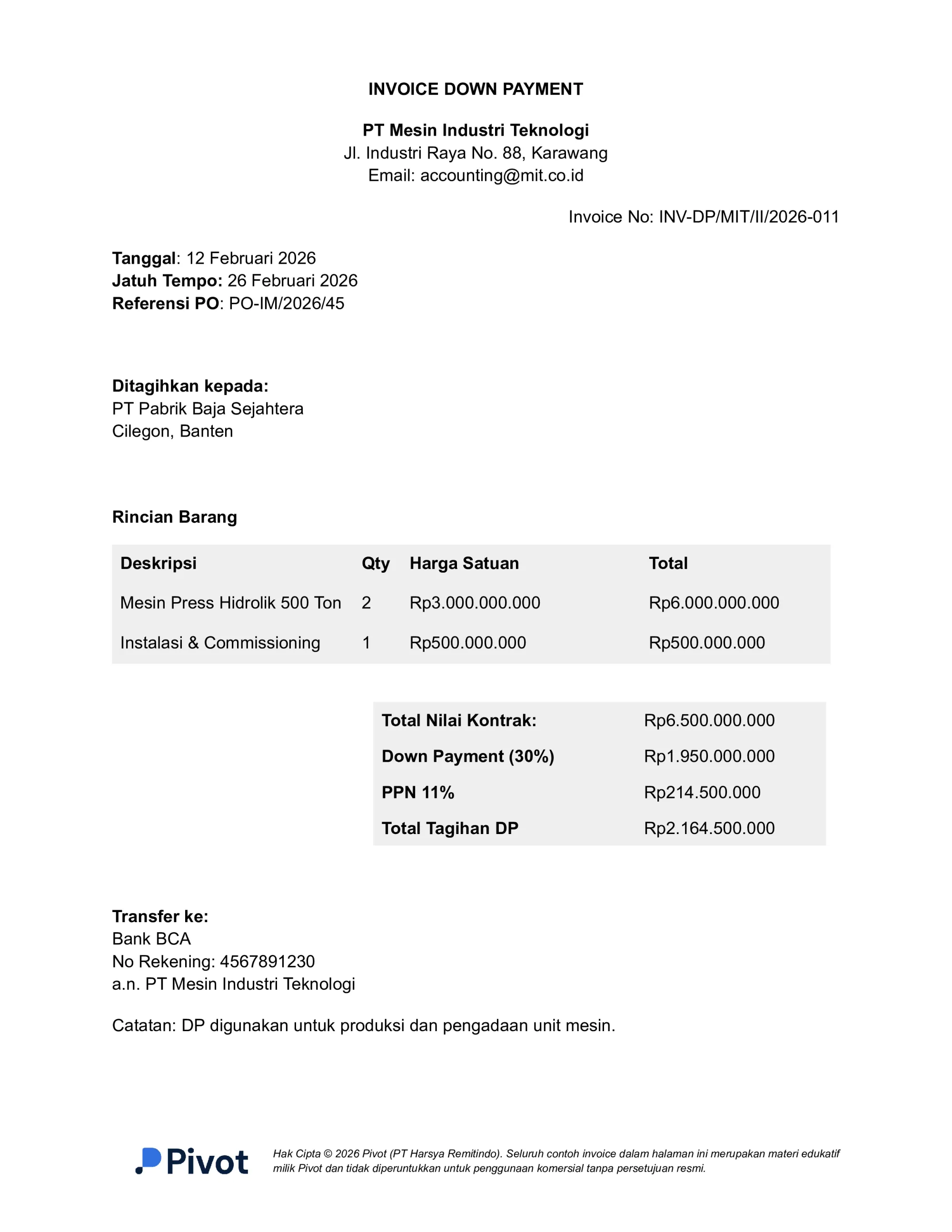 Contoh Invoice Down Payment Pengadaan Mesin Industri