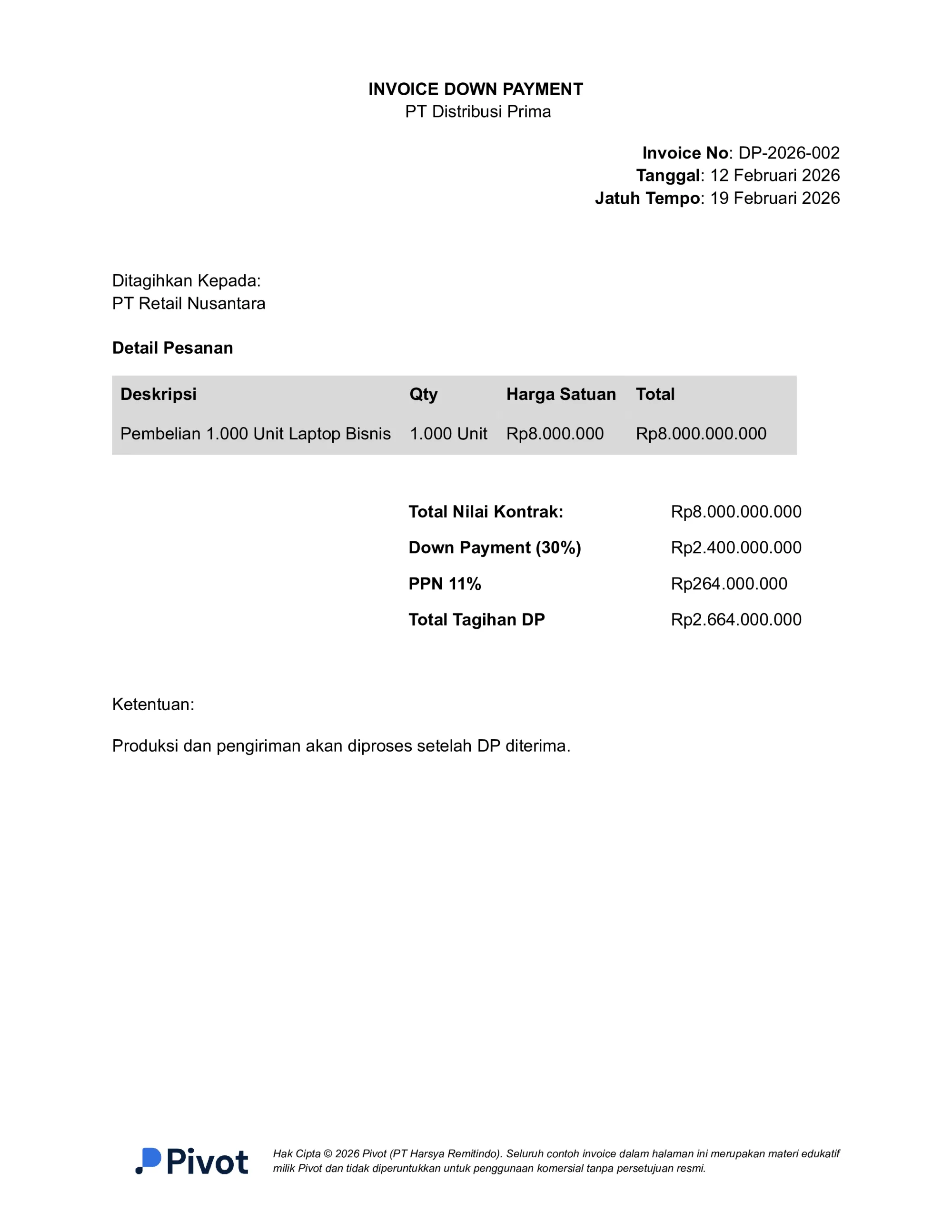 Contoh Invoice Down Payment Pembelian Barang dalam Jumlah Besar (Bulk Order)