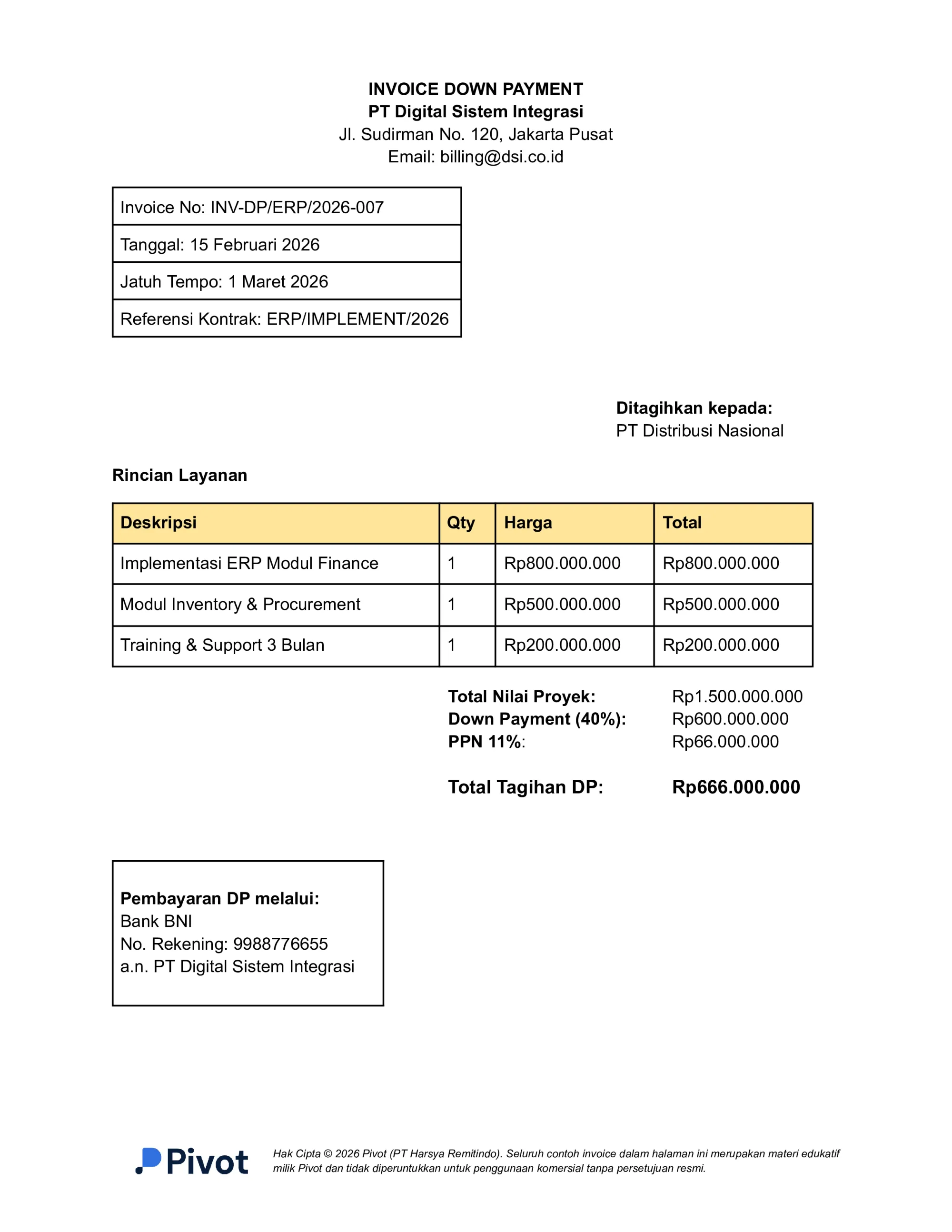 Contoh Invoice Down Payment Proyek Pengembangan Software (ERP / Aplikasi Custom)