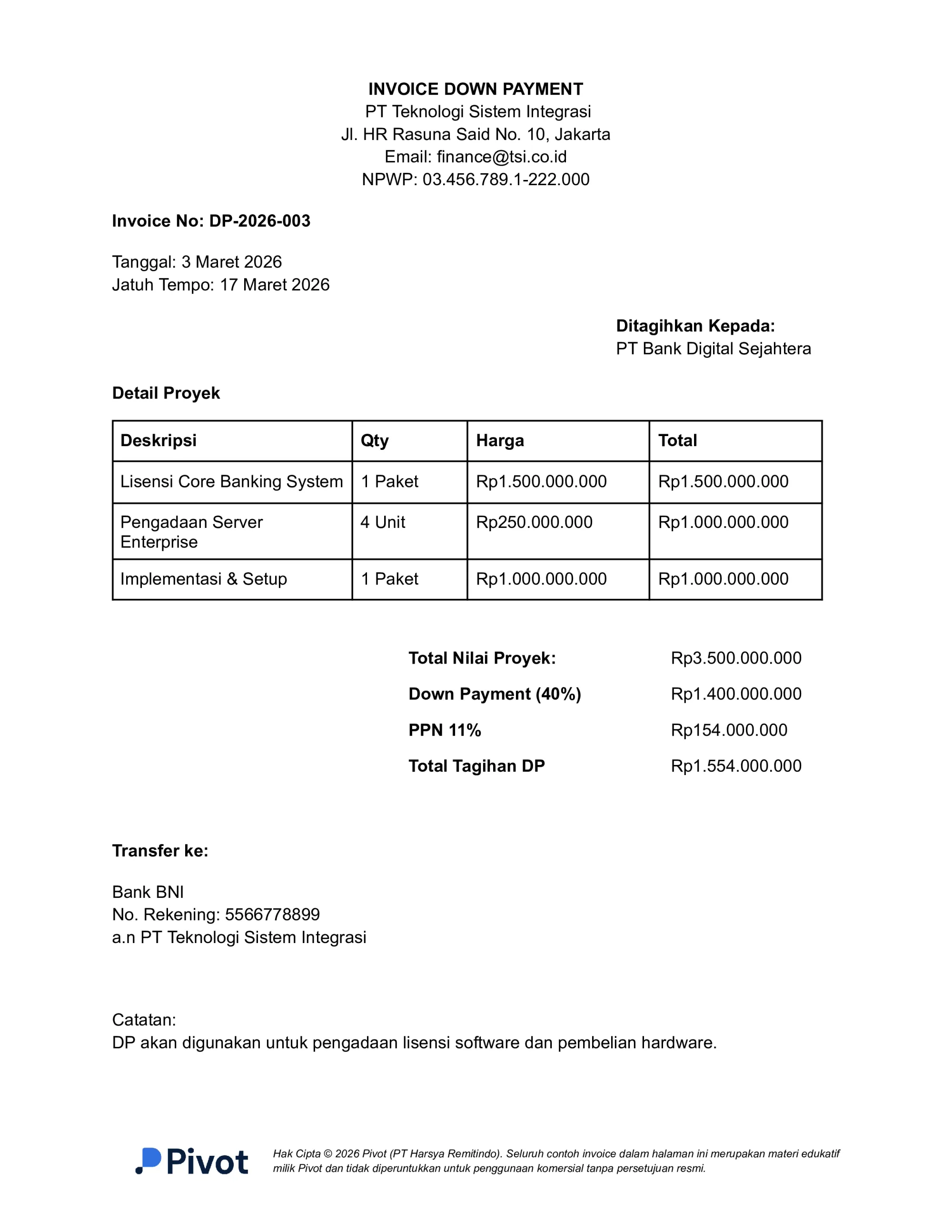 Contoh Invoice Down Payment Implementasi Sistem IT & Infrastruktur Server