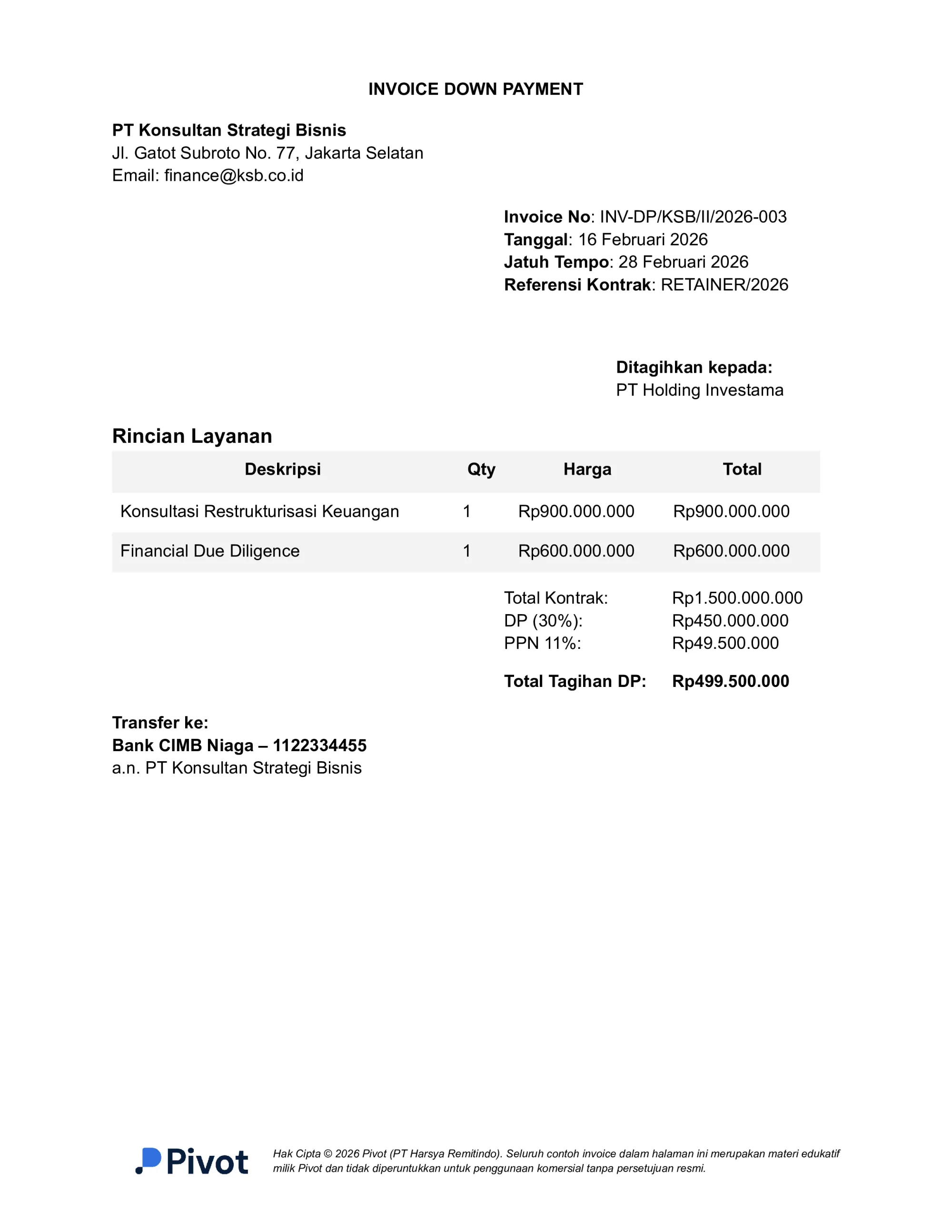Contoh Invoice Down Payment Jasa Konsultan Manajemen / Keuangan