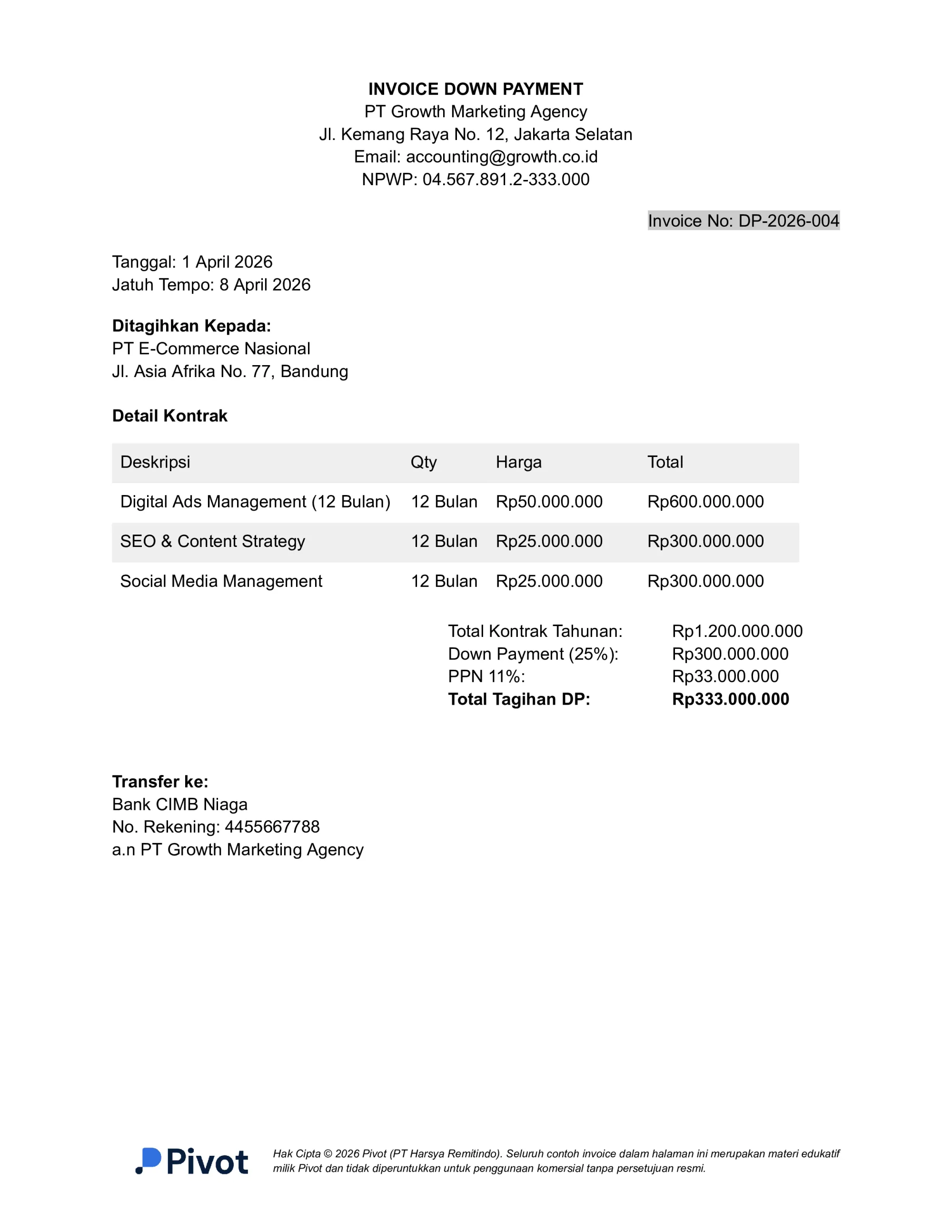 Contoh Invoice Down Payment Kontrak Digital Marketing Tahunan