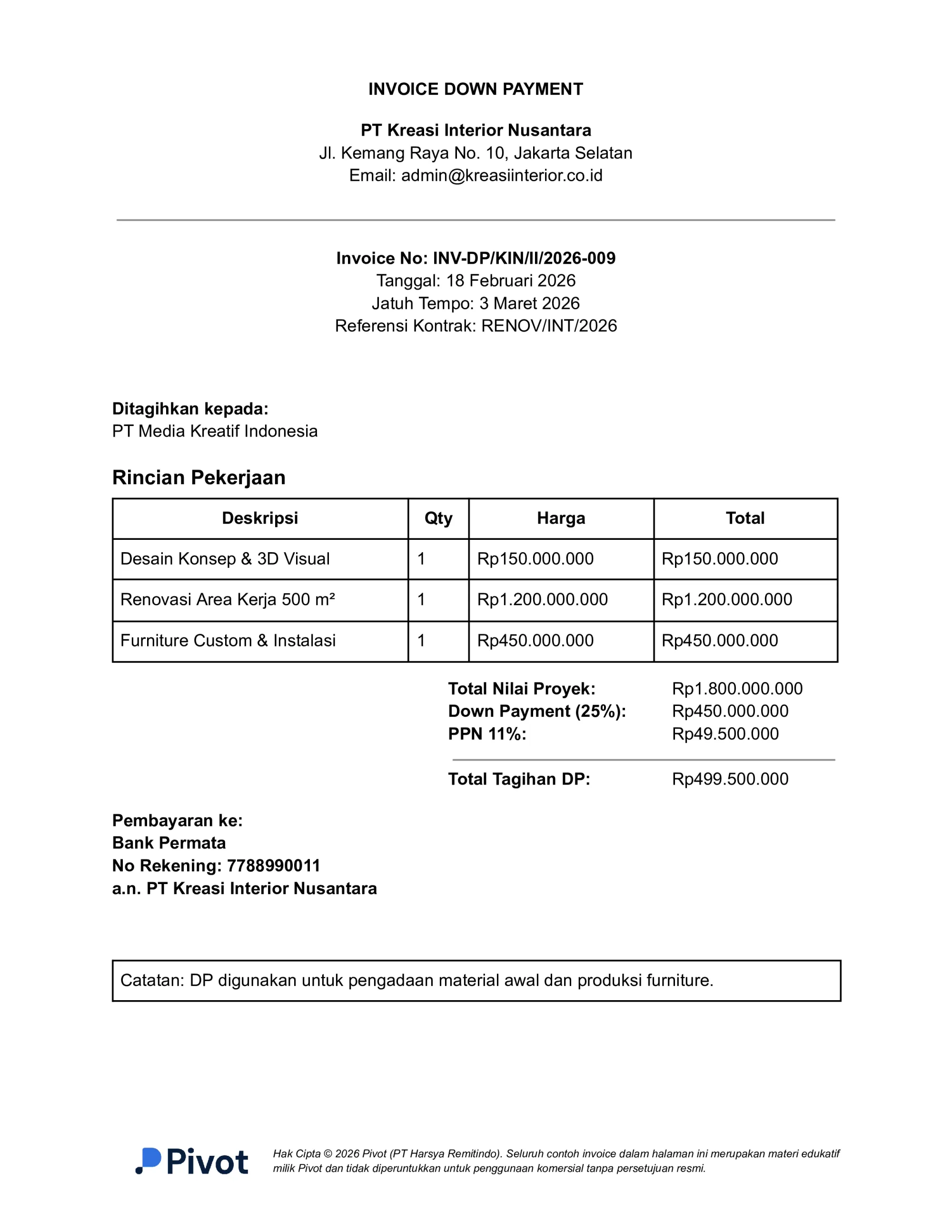 Contoh Invoice Down Payment Proyek Desain & Renovasi Interior Kantor