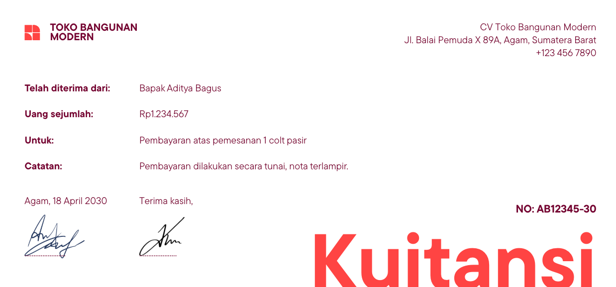 12. Contoh Kuitansi Pembayaran atas Pemesanan Colt Pasir