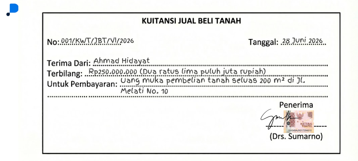 10. Contoh Kuitansi Pembayaran Down Payment Pembelian Tanah