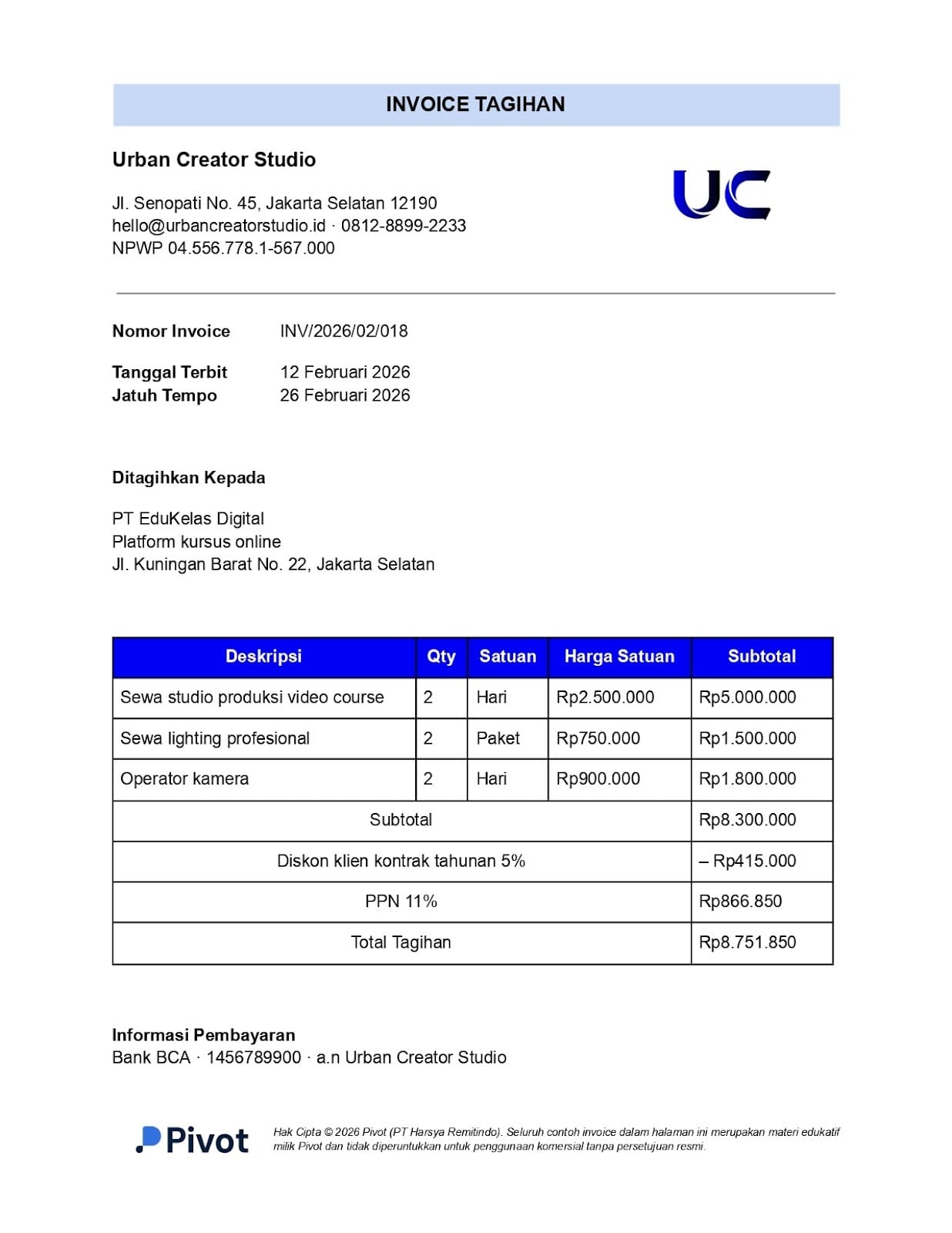 6. Contoh Invoice Tagihan Sewa Studio Produksi Konten