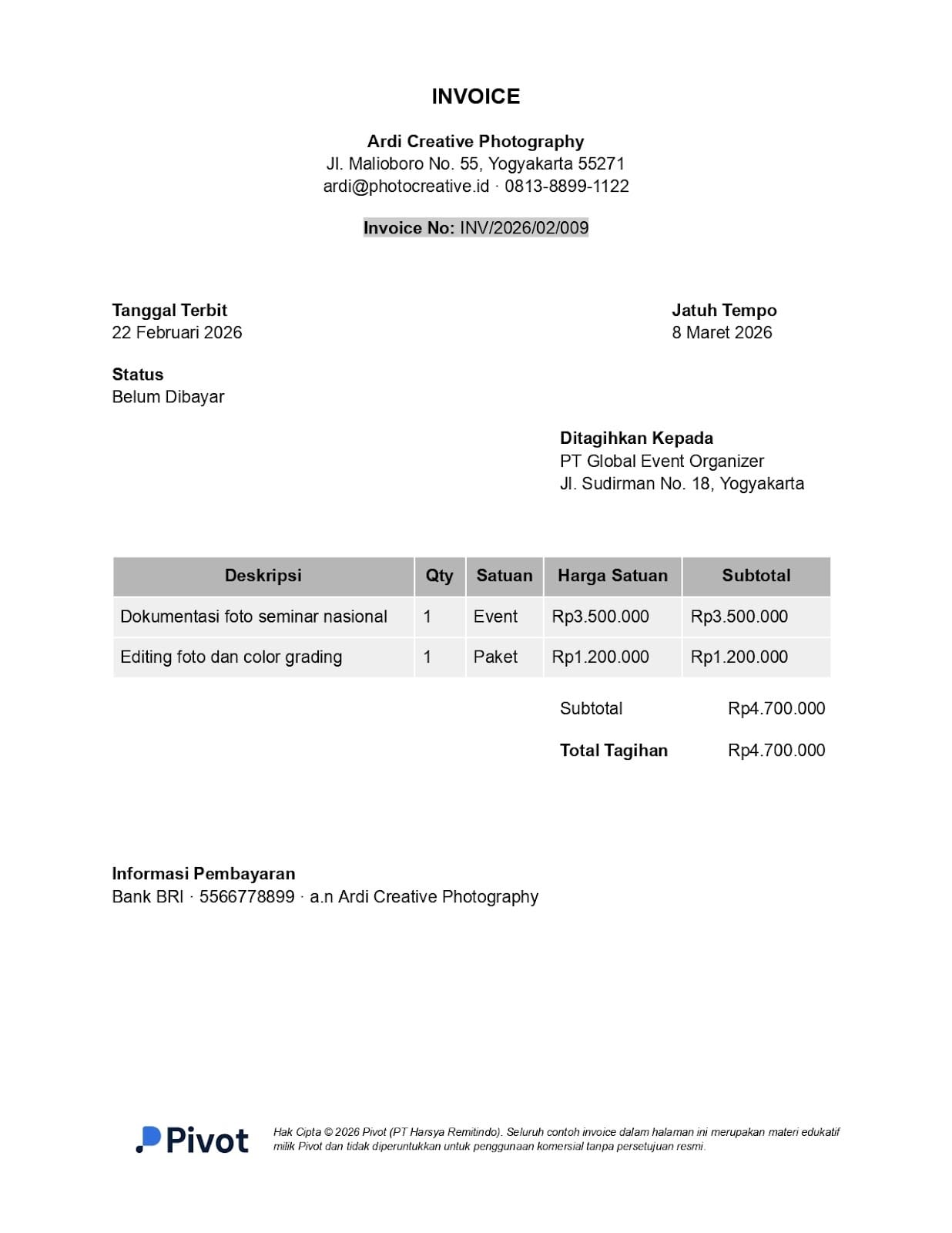 5. Contoh Invoice Tagihan Jasa Fotografi Event