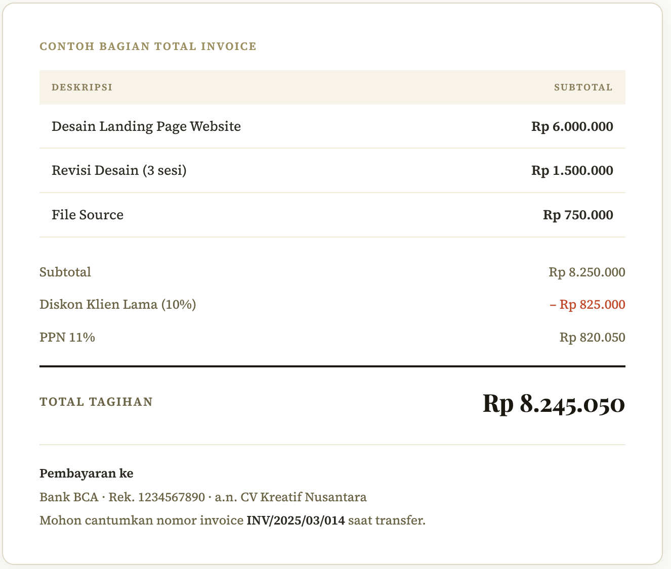7. Hitung Total Tagihan dan Cantumkan Pajak Jika Ada