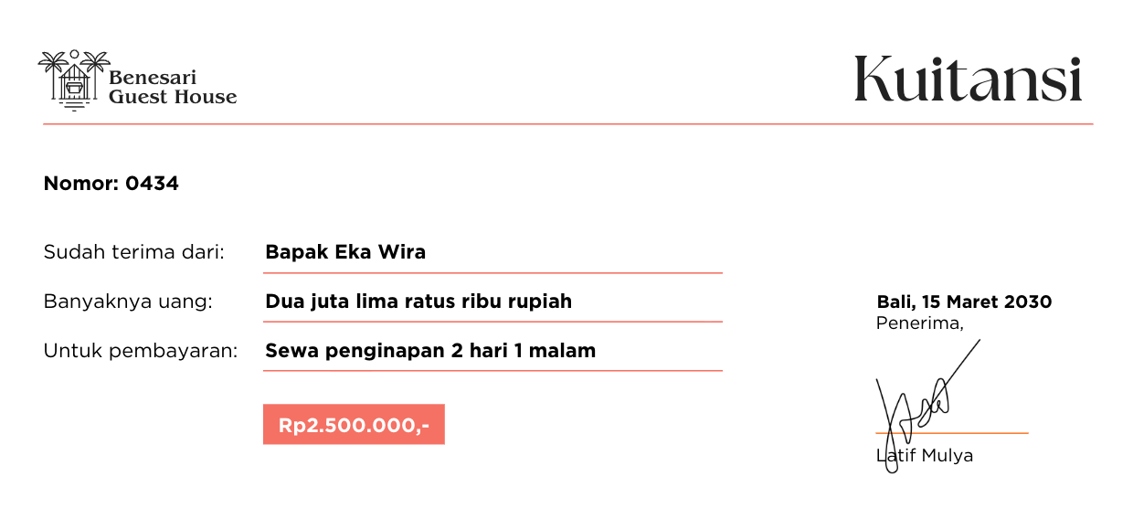 13. Contoh Kuitansi Pembayaran Sewa Penginapan
