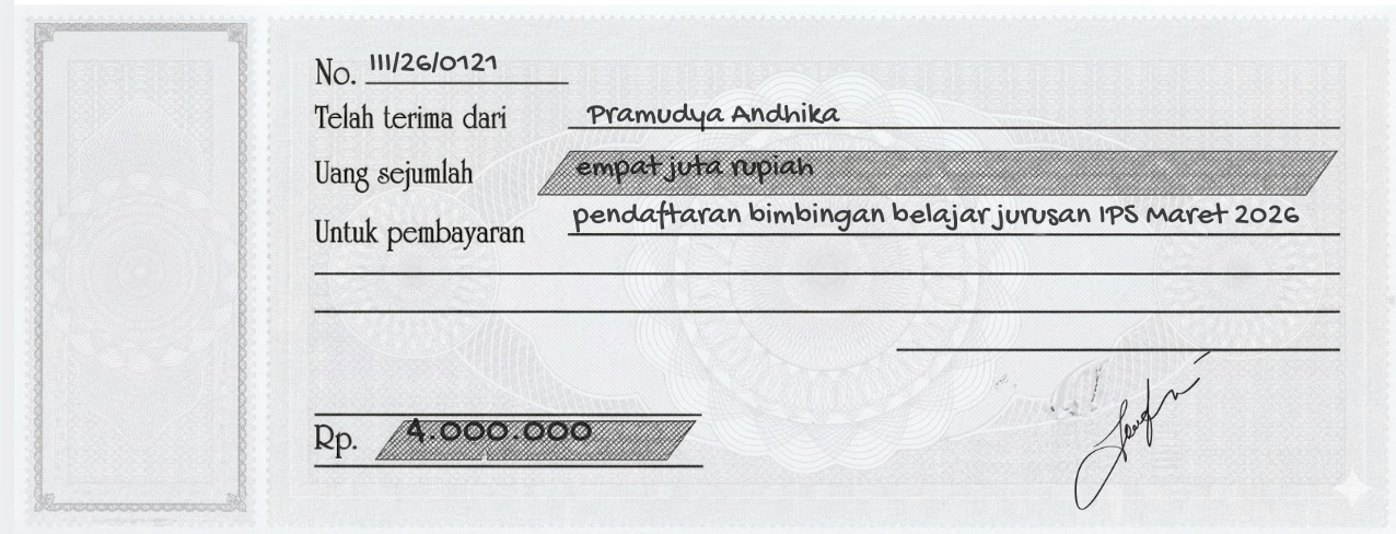 4. Contoh Kuitansi Pembayaran Pendaftaran Bimbingan Belajar