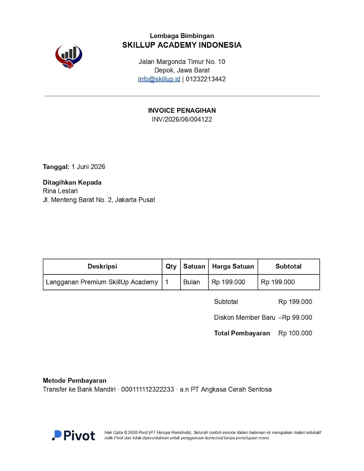 10. Contoh Invoice Tagihan Langganan Platform Kursus Online