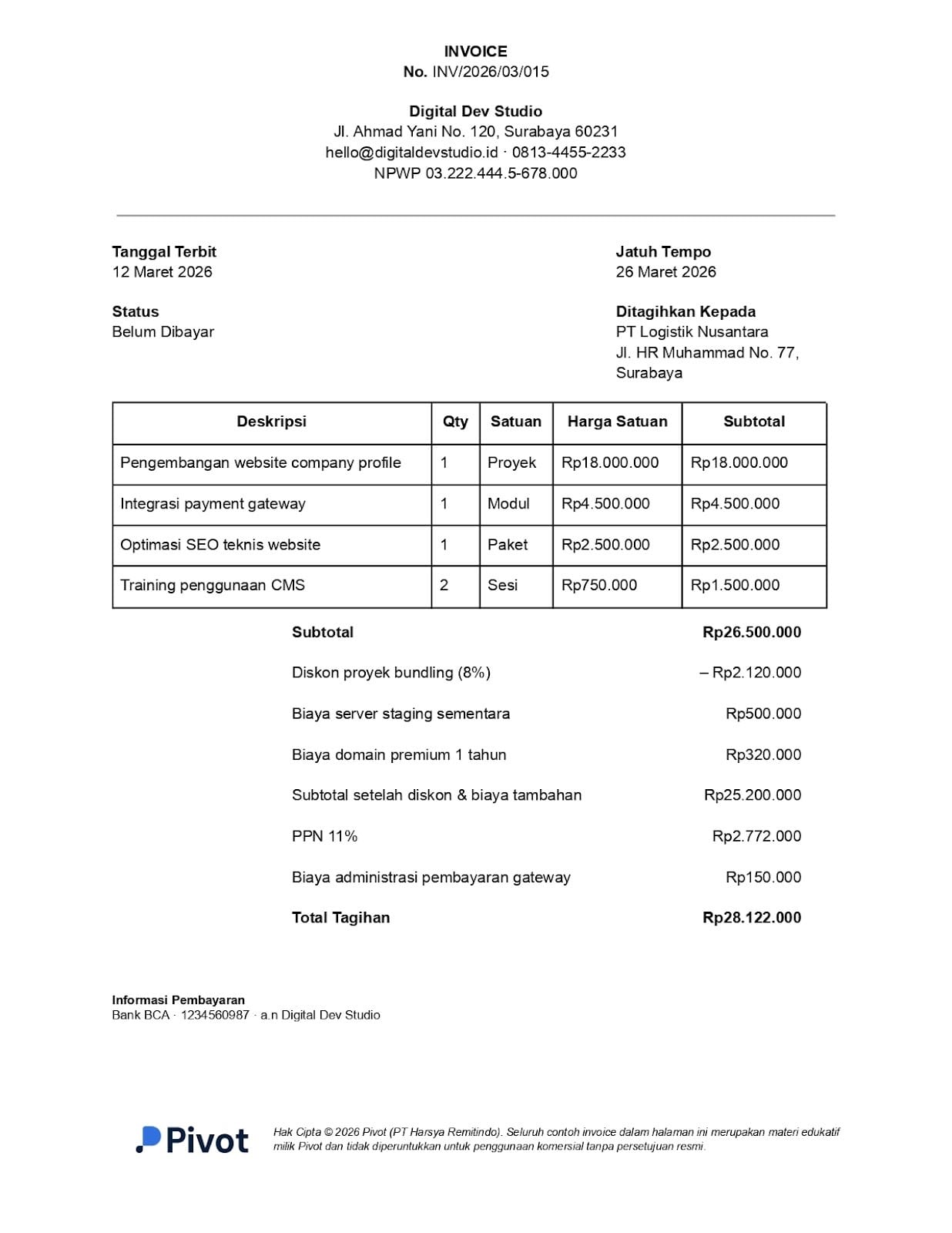 3. Contoh Invoice Tagihan Jasa Pengembangan Website dan Integrasi Sistem