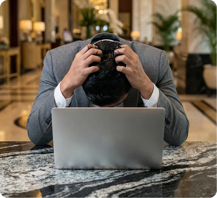 Person frustrated with delayed virtual card payment processing