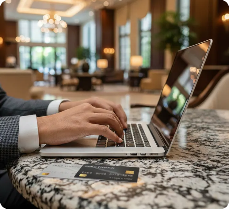Hotel staff manually entering virtual card numbers on a laptop