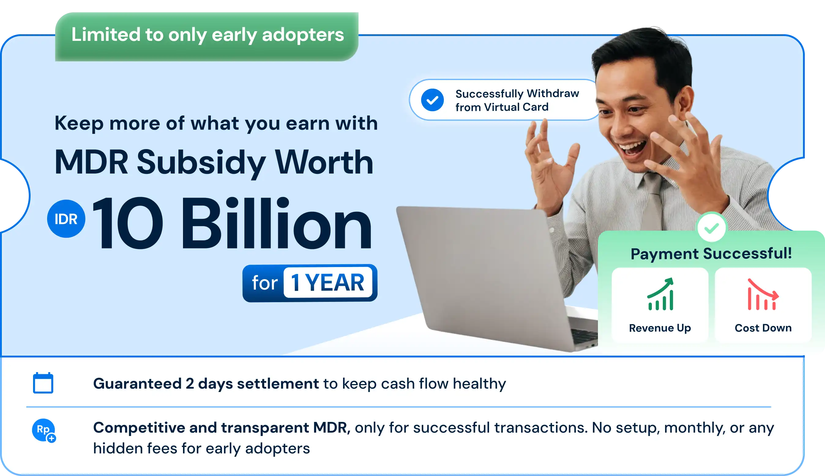 MDR Subsidy Worth IDR 10 Billion for 1 Year — Limited to early adapters. Guaranteed 2 days settlement, competitive and transparent MDR with no hidden fees.